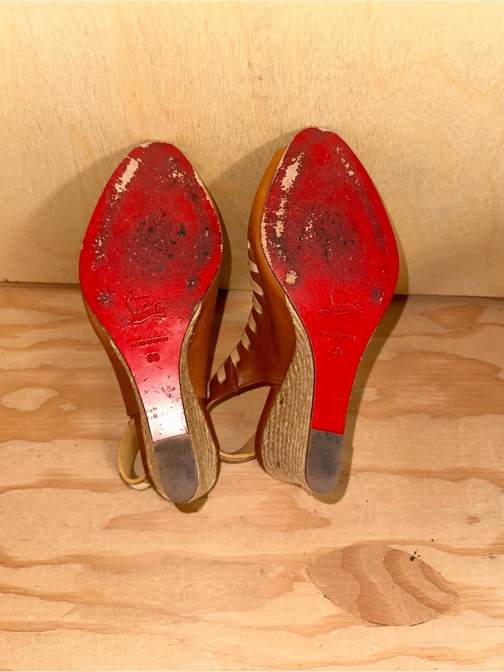 Christian Louboutin Tan Braided Peep-Toe Wedge Sandals - Picture 5 of 5